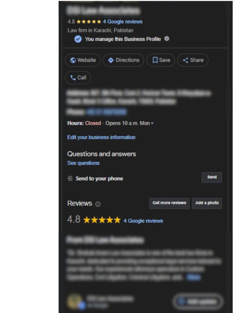 Law firm Google Business Profile example highlighting reviews, map location, and local search visibility