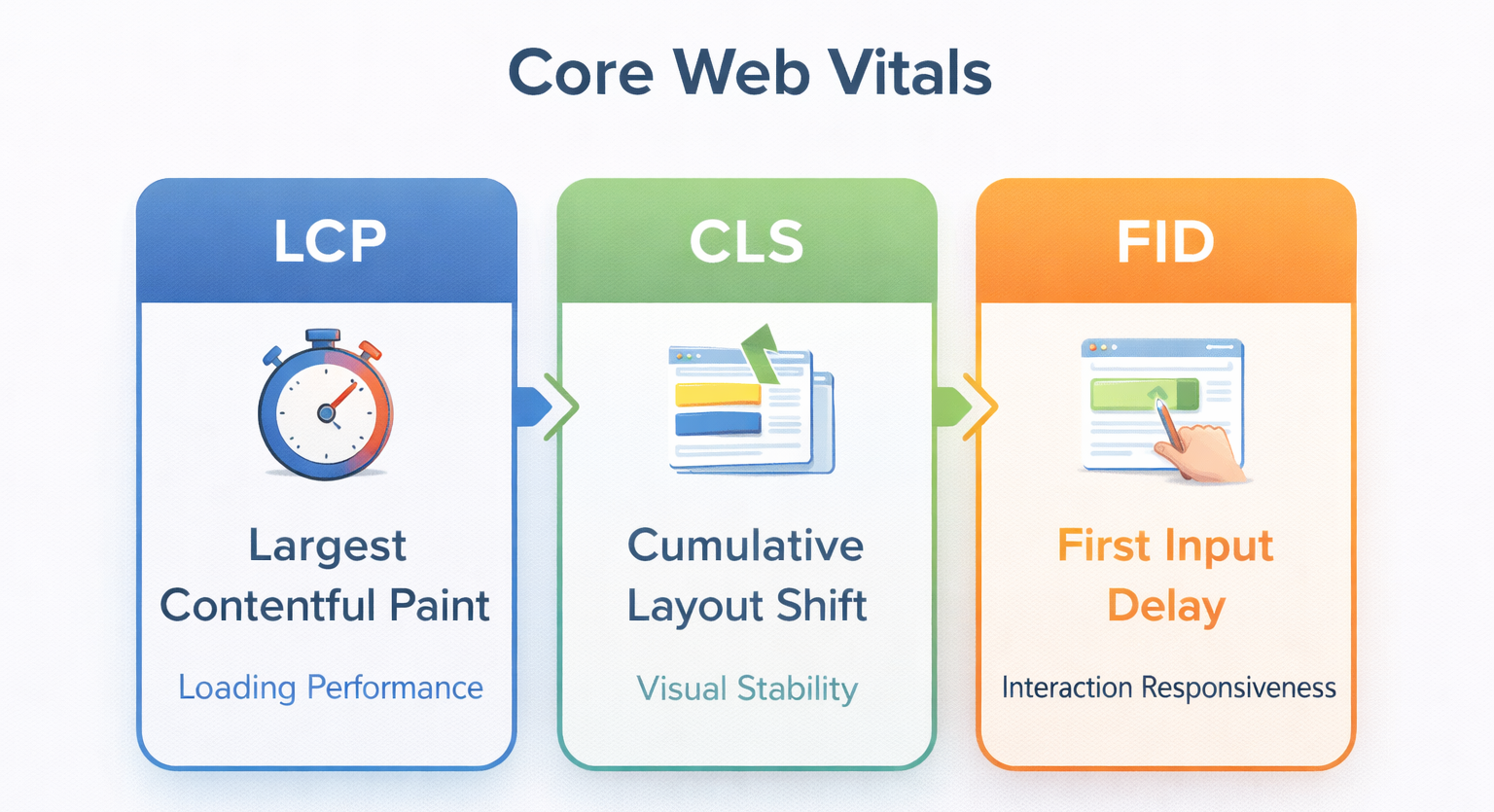 Core Web Vitals diagram showing Largest Contentful Paint for page load speed, Cumulative Layout Shift for visual stability, and First Input Delay for user interaction responsiveness