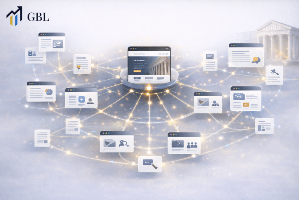 Attorney SEO strategy showing practice area silos and internal linking structure improving website rankings, user navigation, and search visibility for law firms