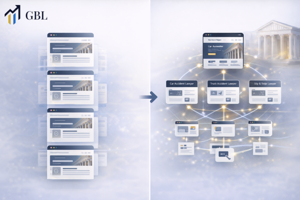 Law firm website builders vs custom WordPress comparison showing template limitations and structured SEO website architecture for legal sites