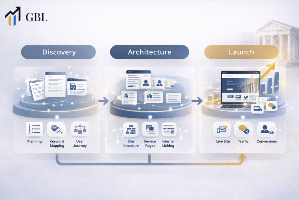 Law Firm Website Development process showing discovery, site architecture, and launch strategy for better rankings and client conversions
