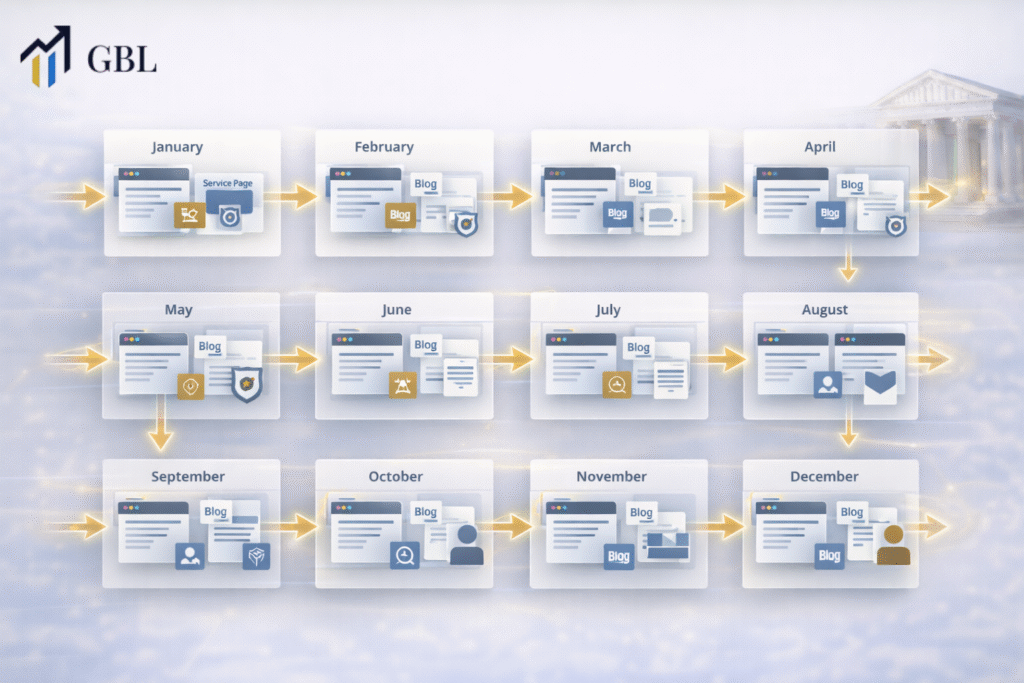 Law firm content marketing 12-month calendar showing structured strategy tied to case intake goals and consistent lead generation