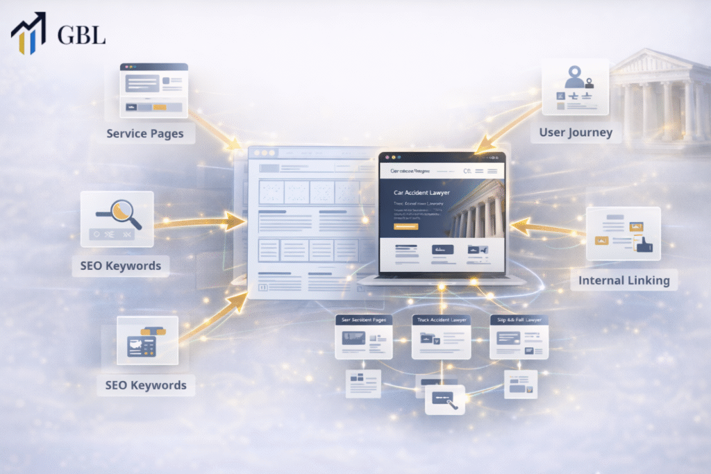Lawyer website development process showing structured brief with service pages, SEO planning, user journey, and internal linking for high performing legal websites