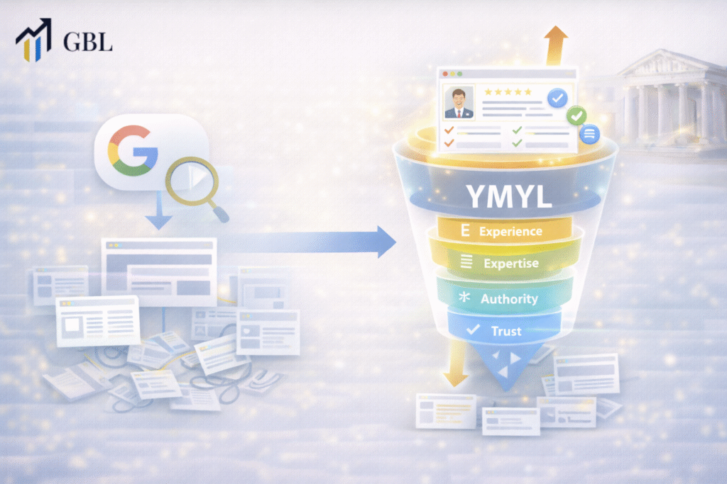 Legal SEO illustration showing Google YMYL standards evaluating law firm website trust, authority, and content quality for higher rankings