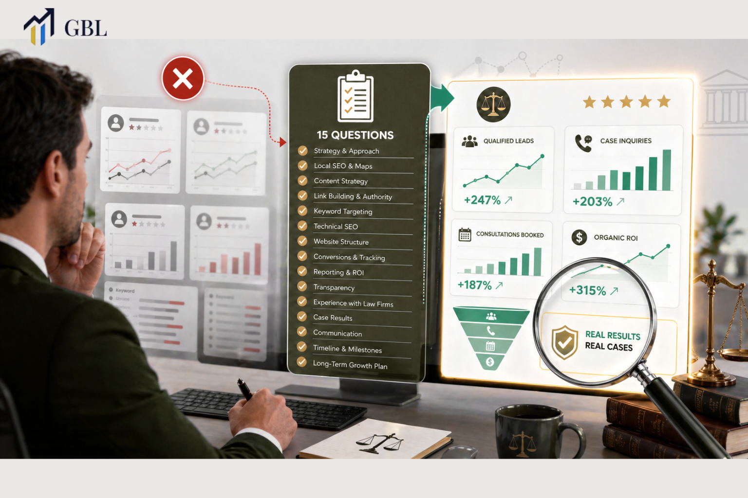 SEO agencies for lawyers checklist showing evaluation questions, strategy, content, local SEO, and conversion-focused decision-making process