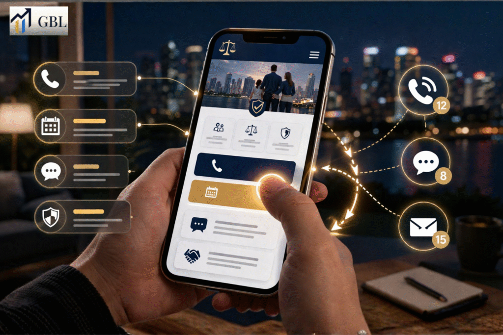 Law firm mobile website design with thumb-friendly navigation, clear call buttons, and optimized layout to increase after-hours consultations and conversions