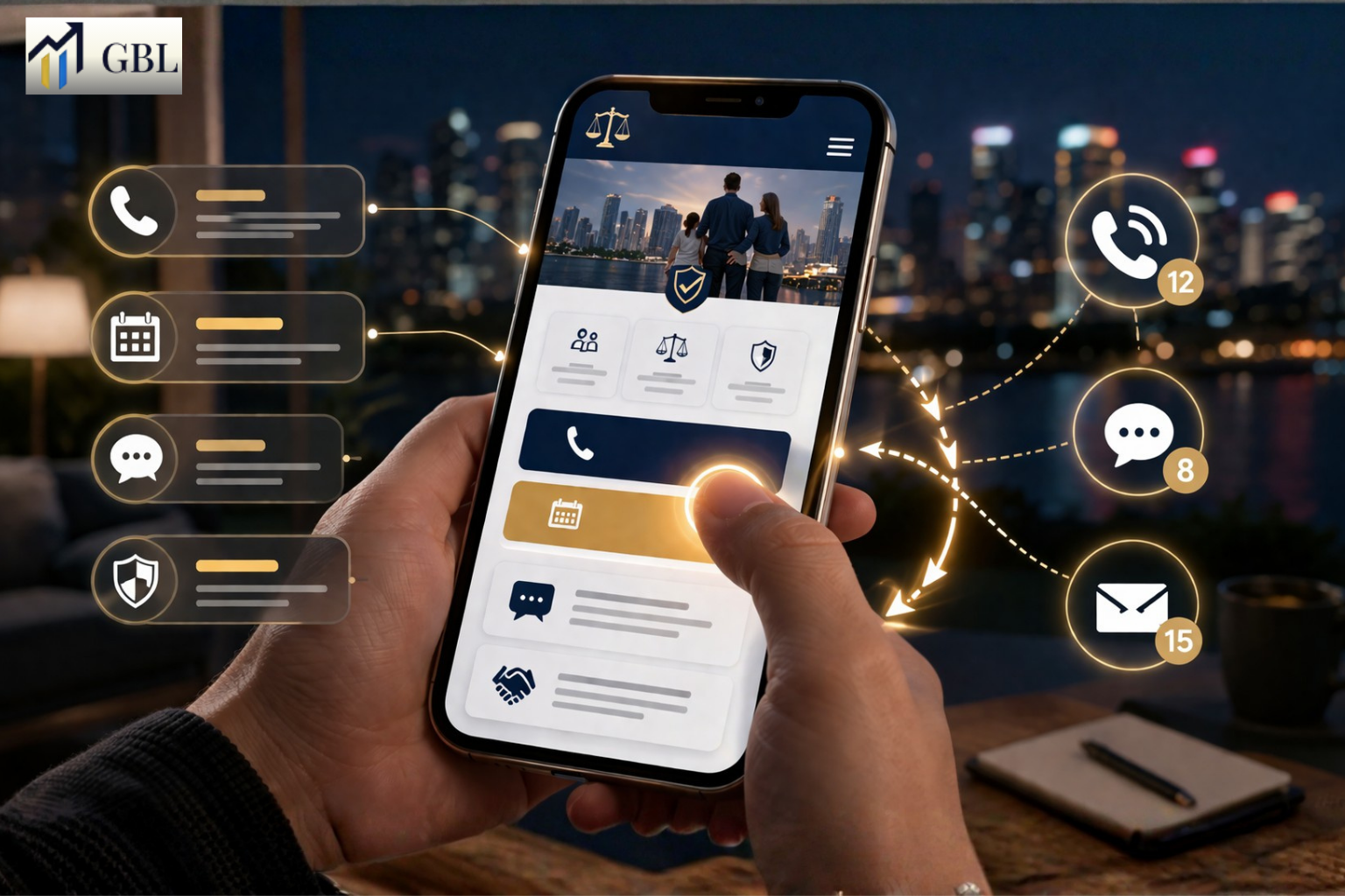 Law firm mobile website design with thumb-friendly navigation, clear call buttons, and optimized layout to increase after-hours consultations and conversions