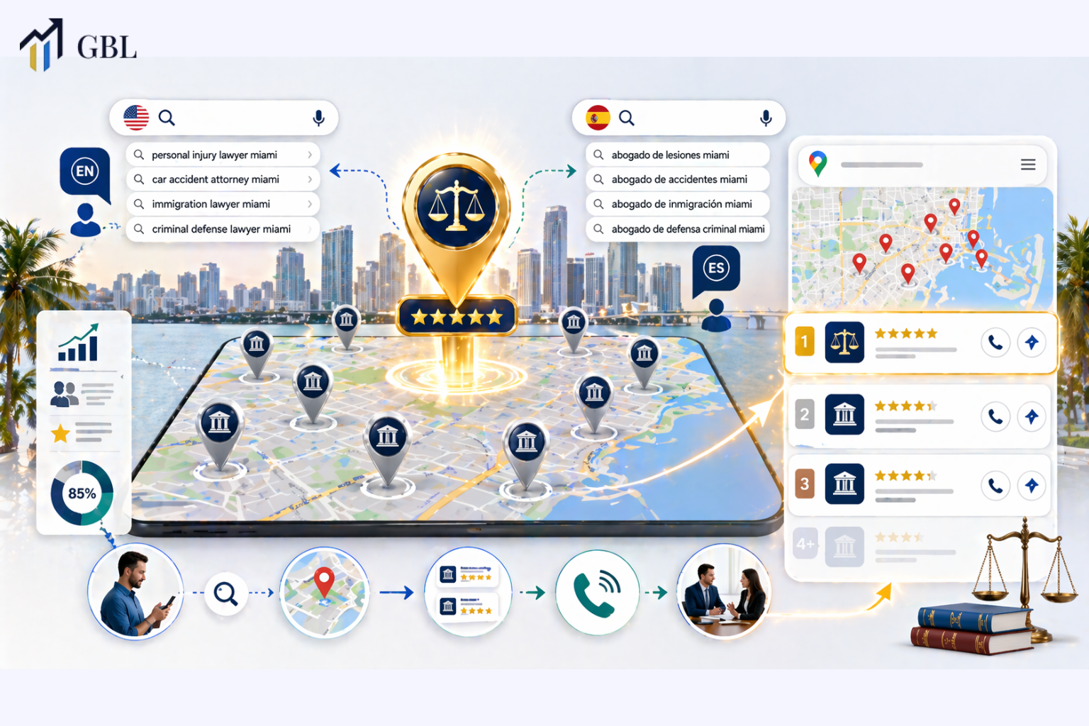 Local SEO for Miami attorneys showing bilingual search optimization, Google Maps rankings, and law firm visibility in a high competition market