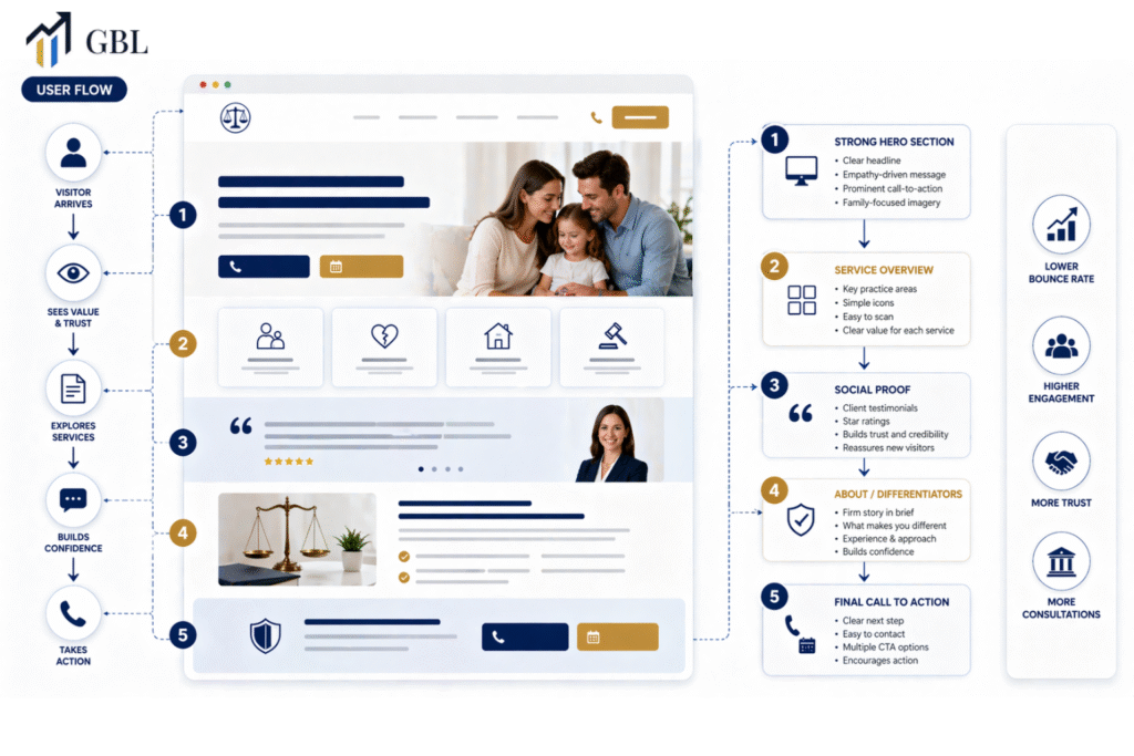 Web design for family lawyers showing structured layout, clear messaging, and user flow that reduces bounce rate and improves client conversions