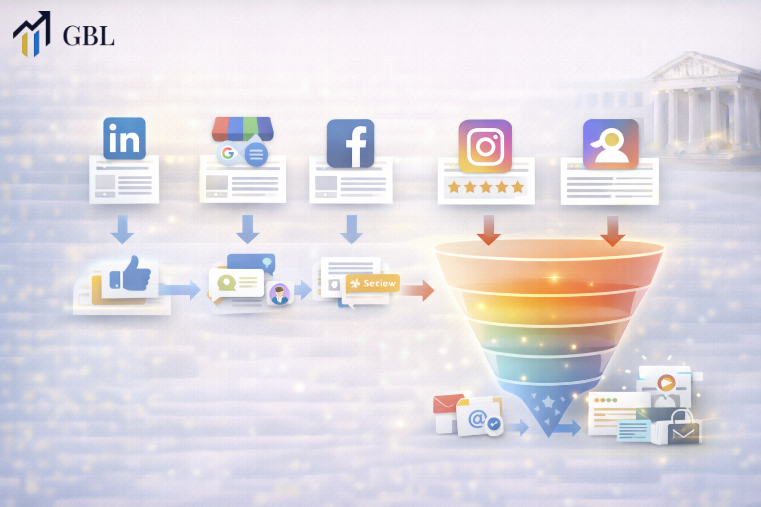 Social media marketing for lawyers funnel showing platform strategy from awareness and engagement to client inquiries and case conversions