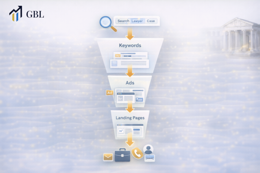 PPC for lawyers firms showing Google Ads funnel from keywords to landing pages and case generation with high-converting strategy