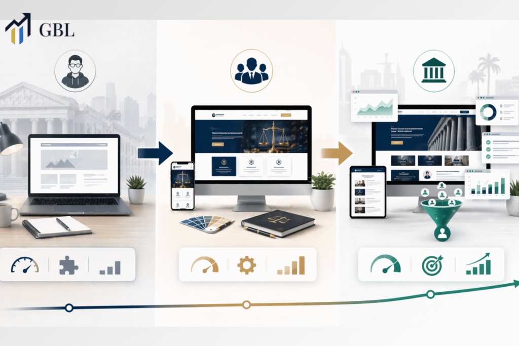Attorney web development comparison showing freelancer, boutique agency, and full-service firm with structured SEO, design, and lead generation system