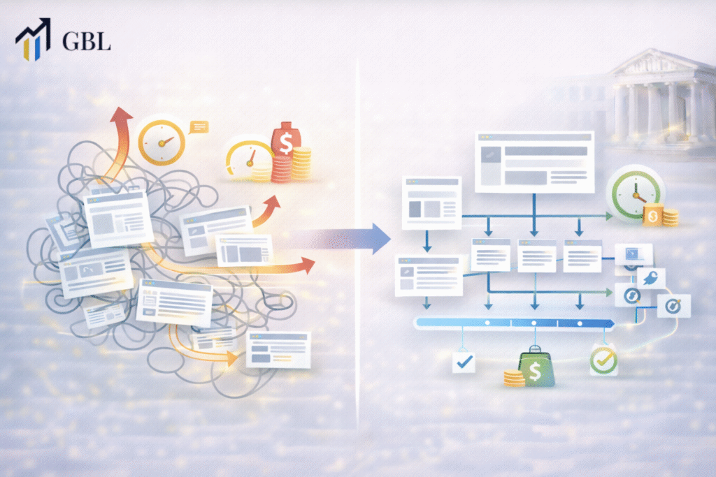 Lawyer web development process showing structured planning vs scope creep with clear sitemap, defined pages, and controlled project costs