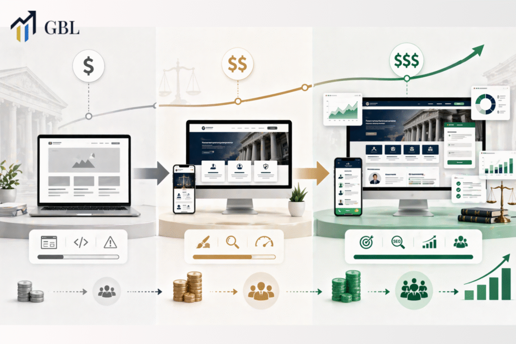 Comparison of attorney website costs tiers showing basic, mid-level, and high-end law firm websites with increasing SEO performance, structure, and lead generation