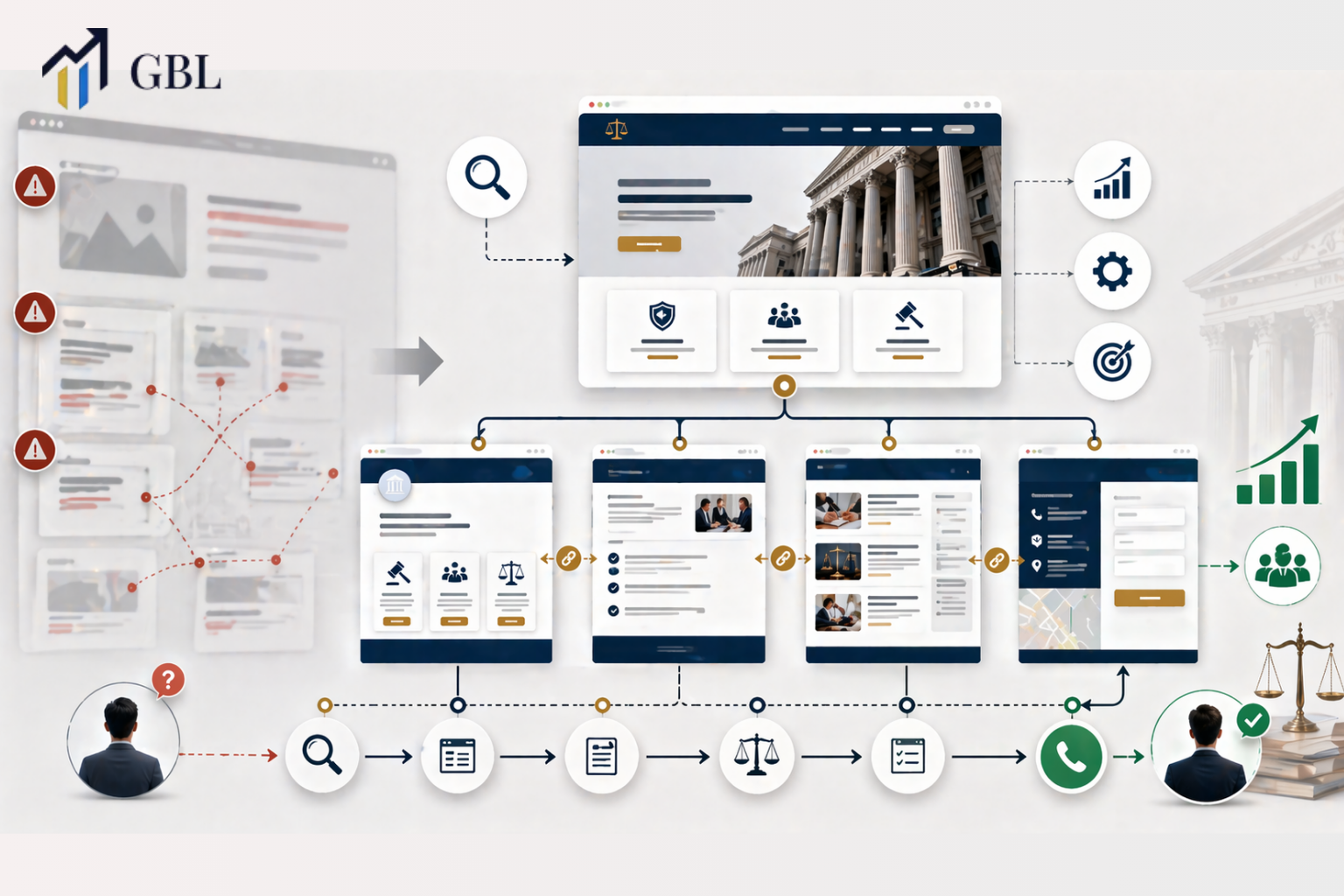 Structured law firm website examples showing homepage, service pages, blog content, and contact page connected to improve SEO rankings and conversions