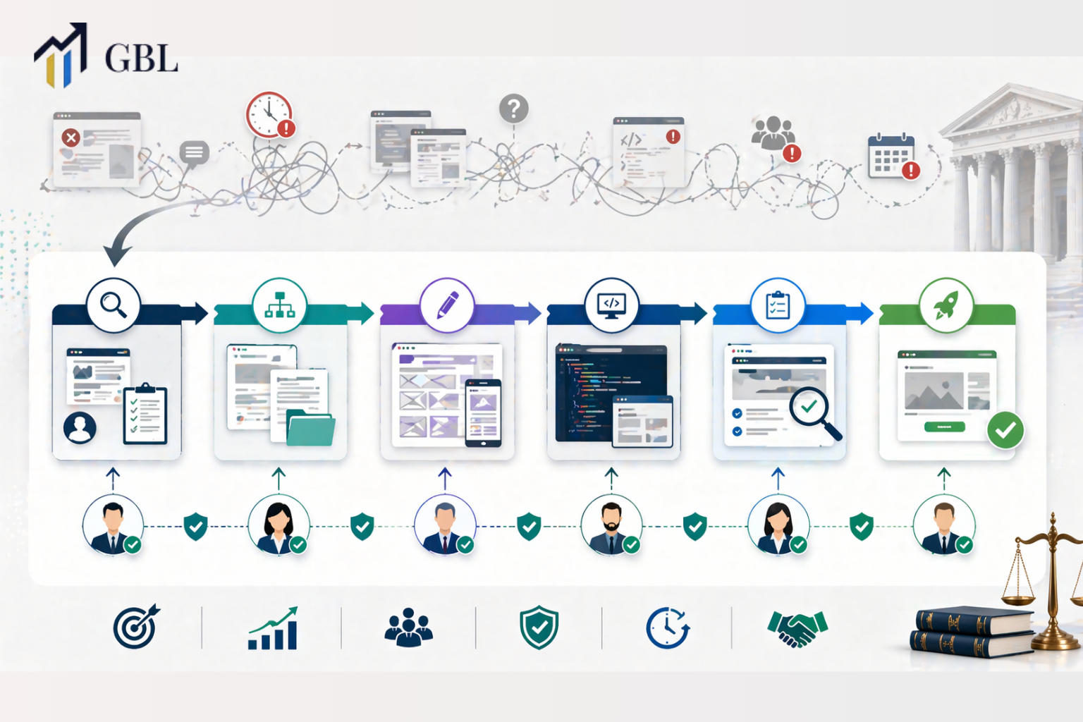 Website development for lawyers timeline showing phases from planning to launch with approvals, structure, and process flow for SEO and lead generation