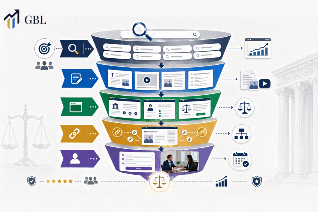 Attorney SEO marketing funnel showing keyword research, content, website structure, internal linking, and consultation booking for law firm lead generation