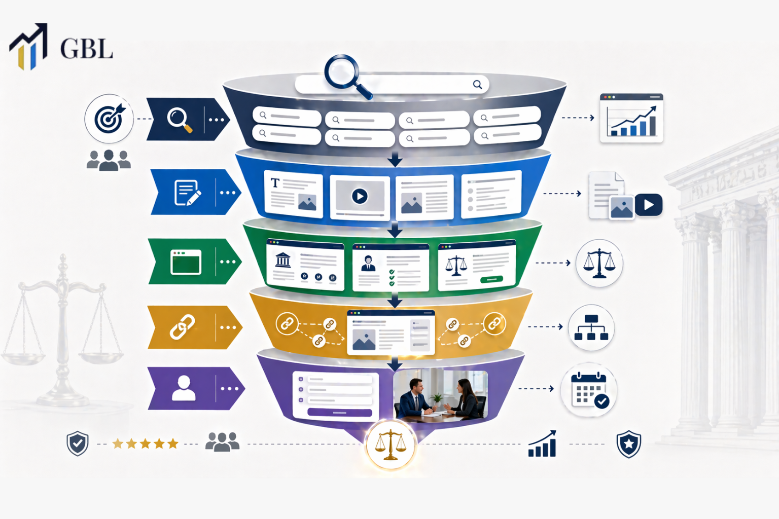 Attorney SEO marketing funnel showing keyword research, content, website structure, internal linking, and consultation booking for law firm lead generation