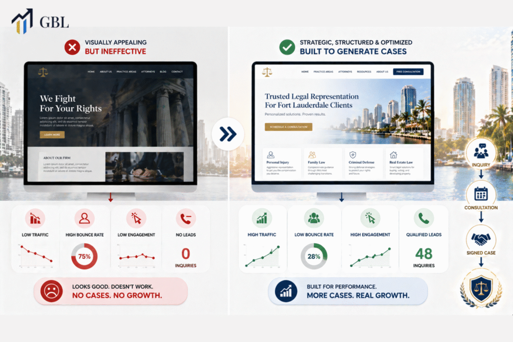Website design Fort Lauderdale comparison showing high-performance law firm website with SEO structure versus visually attractive site with low traffic and no leads