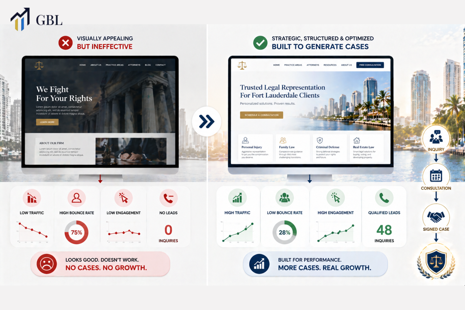 Website design Fort Lauderdale comparison showing high-performance law firm website with SEO structure versus visually attractive site with low traffic and no leads