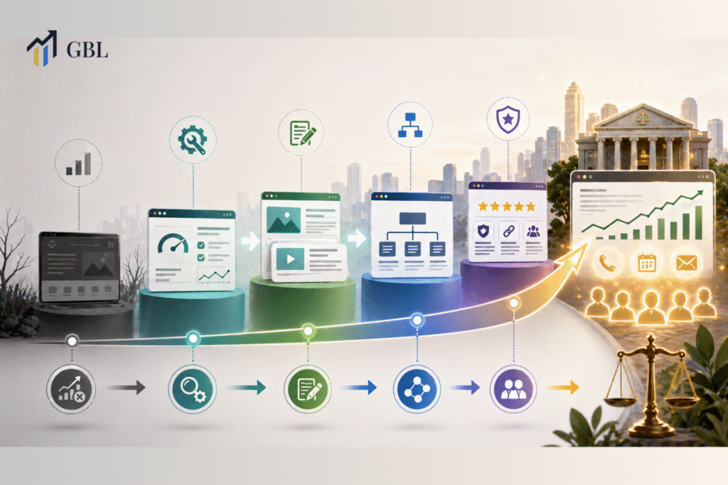attorney marketing seo roadmap showing growth from zero visibility to authority with structured content, technical seo, and lead generation system