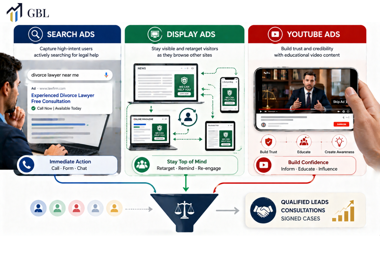 Law firm paid advertising funnel showing search ads, display retargeting, and YouTube ads working together to generate leads, consultations, and signed cases