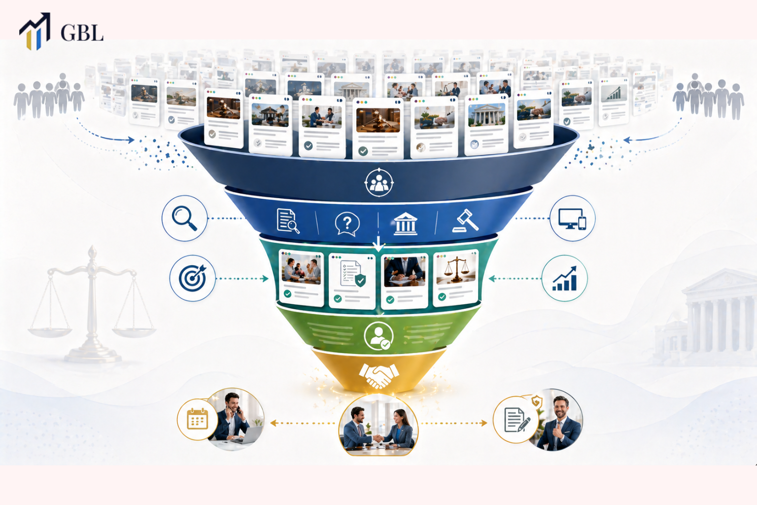 Content marketing for lawyers funnel showing high-intent content driving consultations using the 80-20 rule strategy