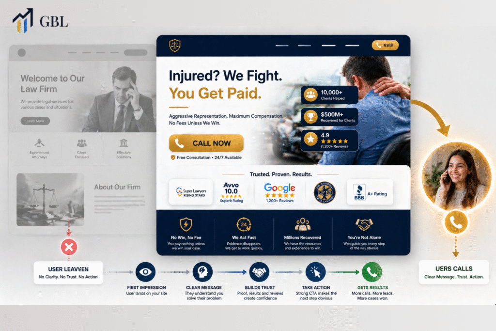 Personal Injury Lawyer Website Design hero section with strong headline, call now button, and trust signals driving user phone calls