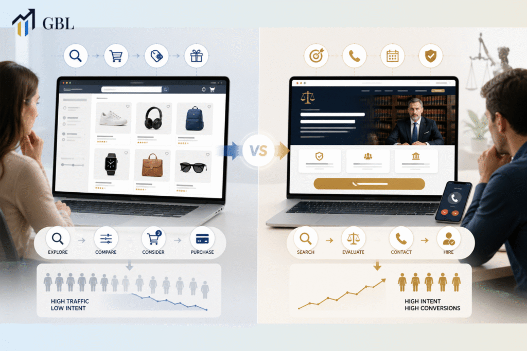 SEO for legal firms vs e-commerce SEO showing high-intent legal search and conversion-focused website strategy