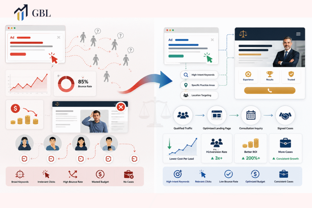 PPC for attorneys strategy showing failed ad campaigns vs optimized conversion-focused legal PPC system generating consultations