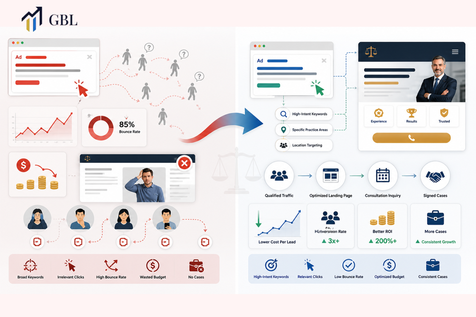 PPC for attorneys strategy showing failed ad campaigns vs optimized conversion-focused legal PPC system generating consultations