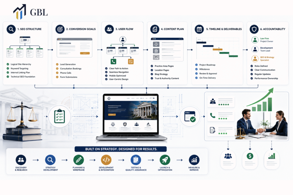 Structured web development for lawyers with SEO planning, conversion strategy, timelines, specifications, and law firm website growth system.
