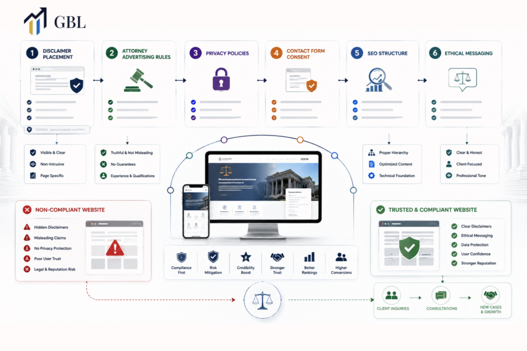 Legal website development compliance blueprint showing disclaimer placement, attorney advertising rules, SEO structure, ethical messaging, and trust-focused law firm website strategy.