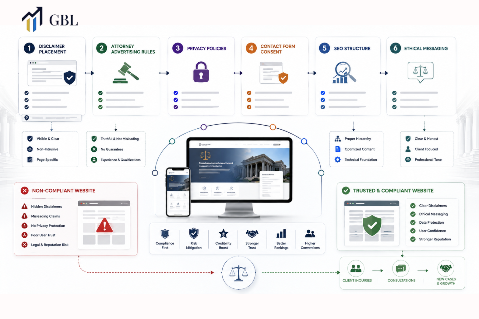 Legal website development compliance blueprint showing disclaimer placement, attorney advertising rules, SEO structure, ethical messaging, and trust-focused law firm website strategy.