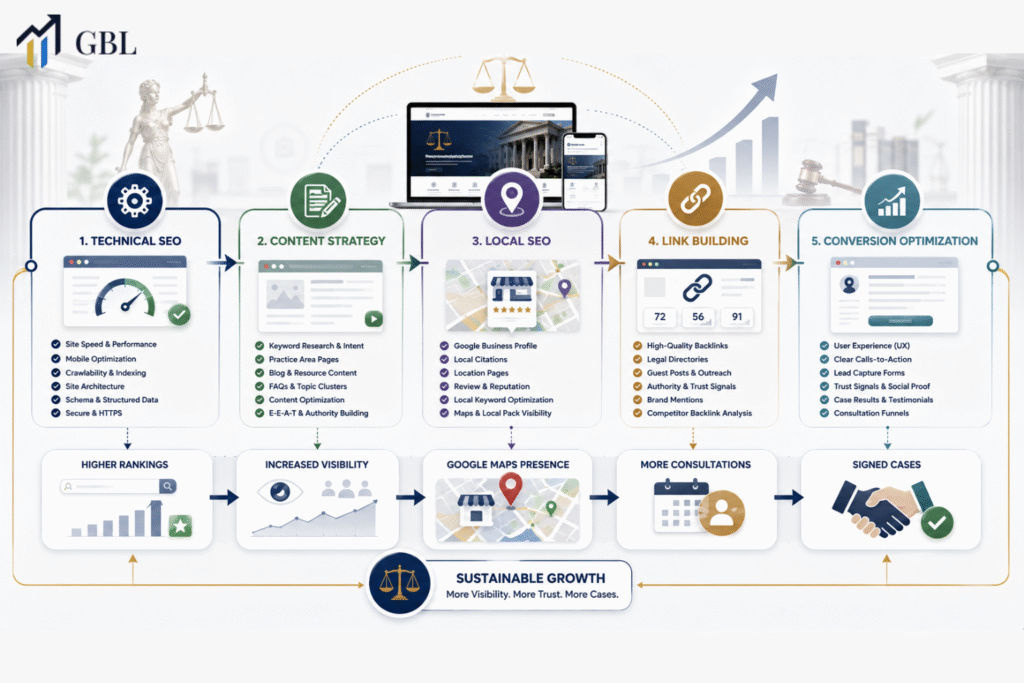 SEO Services for Attorneys growth system showing technical SEO, content, local SEO, link building, and conversion optimization helping law firms get more cases