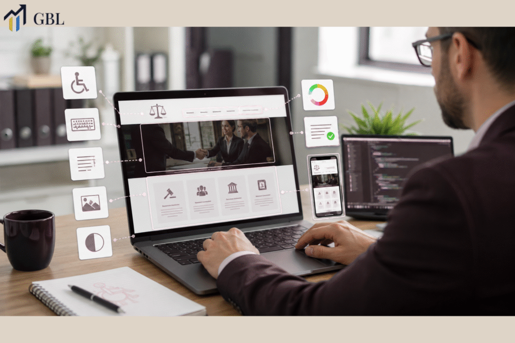 Modern law firm website on a laptop showing ADA compliance, SSL protection, cybersecurity, mobile responsiveness, and SEO structure for attorney website development.