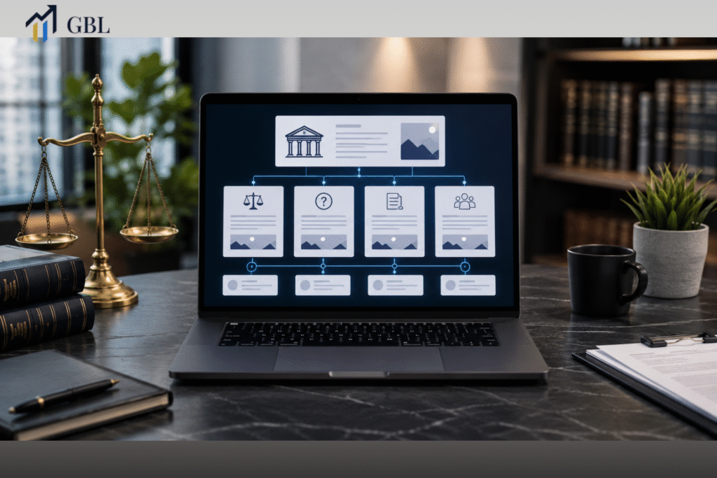 Laptop showing Website Content for Lawyers with connected practice area pages, FAQs, blogs, internal links, and SEO strategy for law firm lead generation.