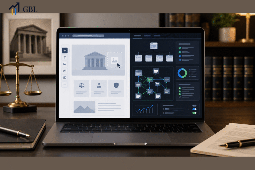 Laptop showing Law Firm Website Builder platform comparison with SEO capability, ease of use, conversion performance, mobile responsiveness, and scalability for law firms.