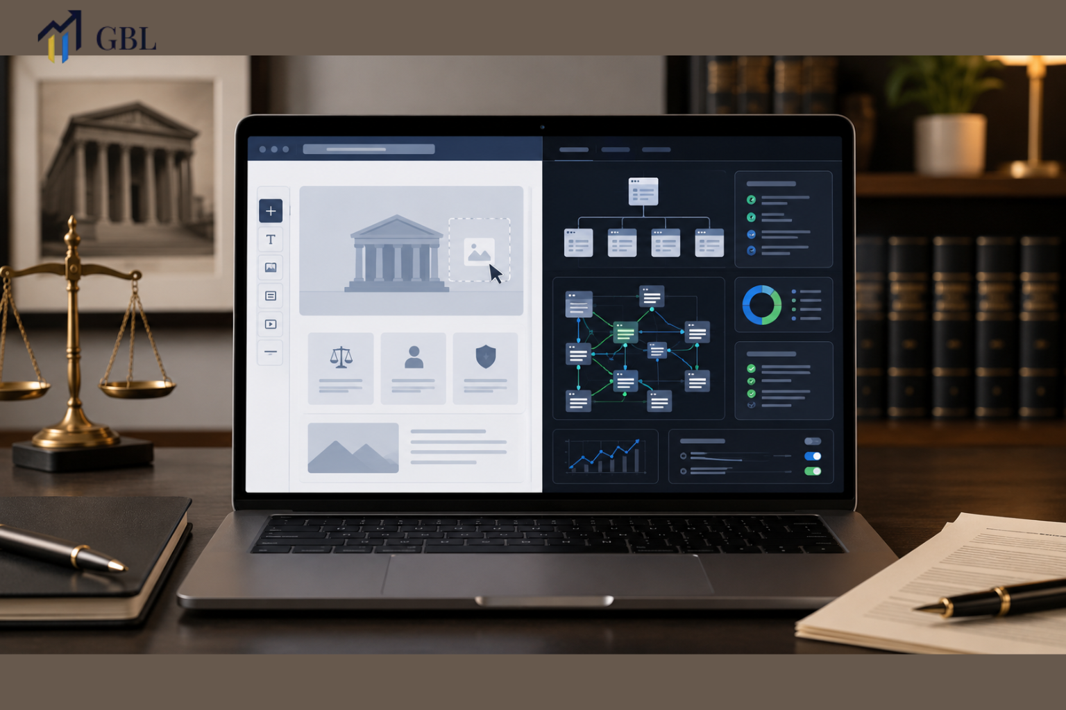Laptop showing Law Firm Website Builder platform comparison with SEO capability, ease of use, conversion performance, mobile responsiveness, and scalability for law firms.