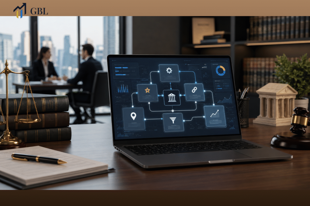 Laptop showing an advanced law seo framework with technical SEO, topical authority, local SEO, internal linking, conversion paths, and law firm growth signals.