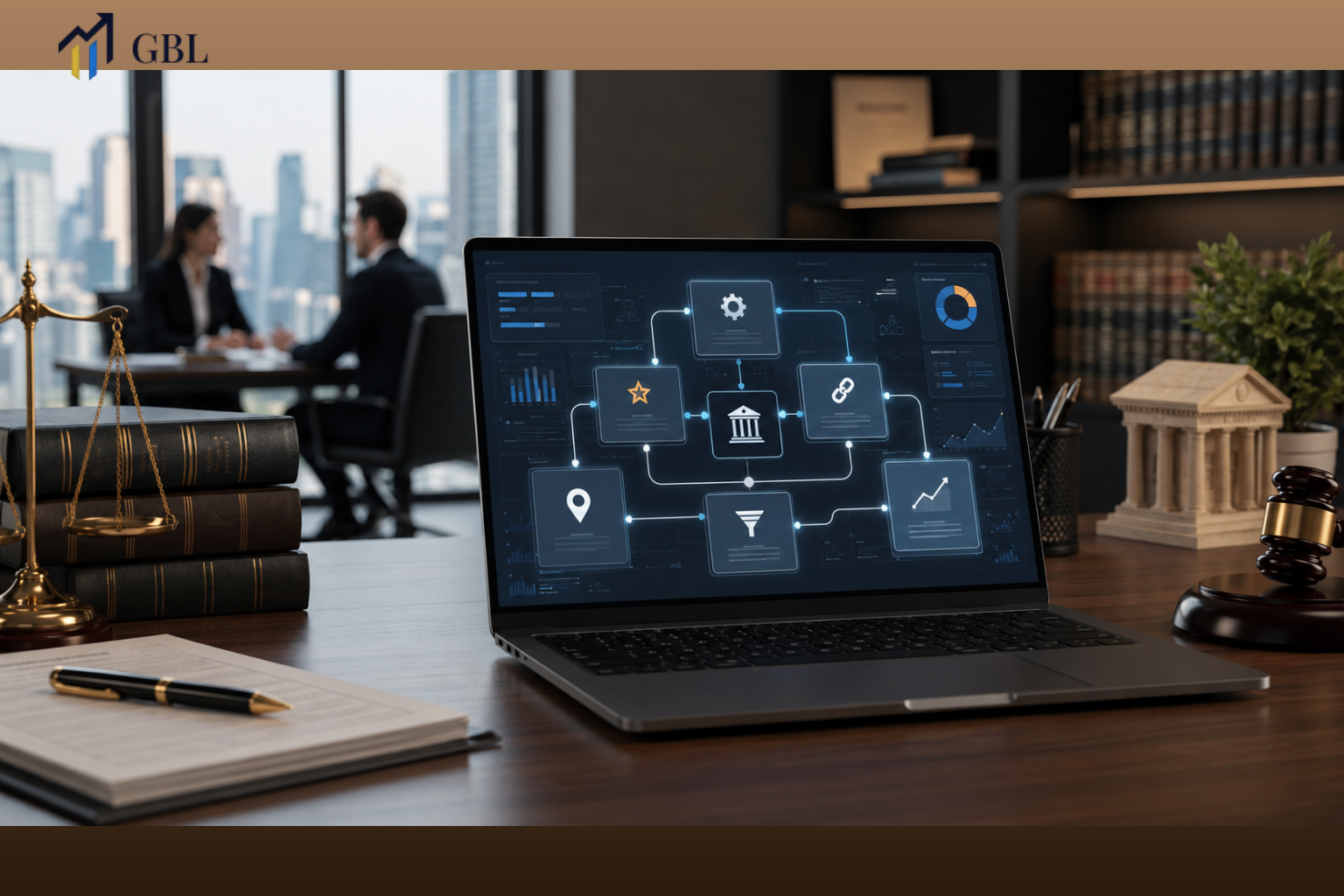 Laptop showing an advanced law seo framework with technical SEO, topical authority, local SEO, internal linking, conversion paths, and law firm growth signals.