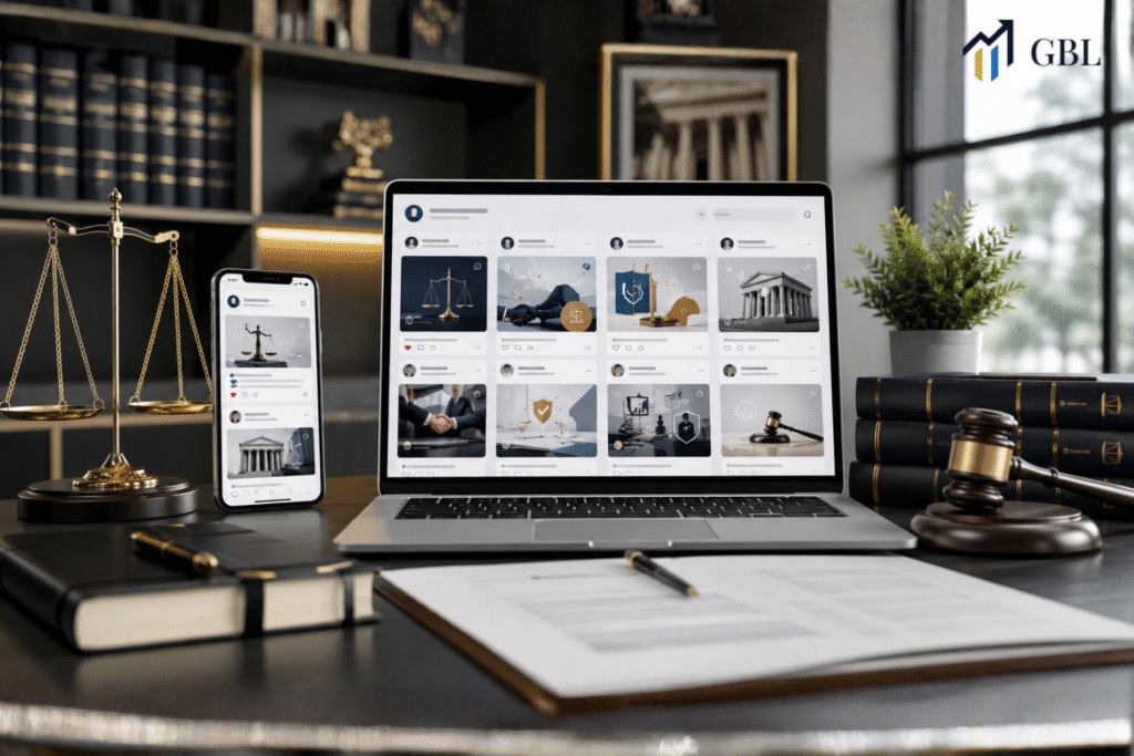 Laptop and smartphone showing Lawyers and Social Media strategy with ethical rules, best platforms, educational content, trust signals, and professional law firm branding.