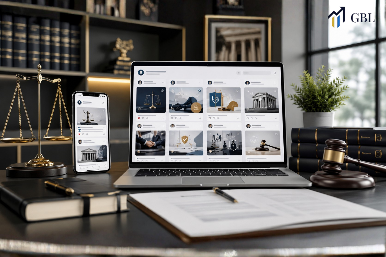 Laptop and smartphone showing Lawyers and Social Media strategy with ethical rules, best platforms, educational content, trust signals, and professional law firm branding.