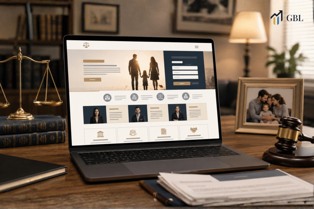Laptop showing Family Law Lawyer Website Design with empathy-focused messaging, attorney profiles, trust signals, consultation forms, and family law service cards.