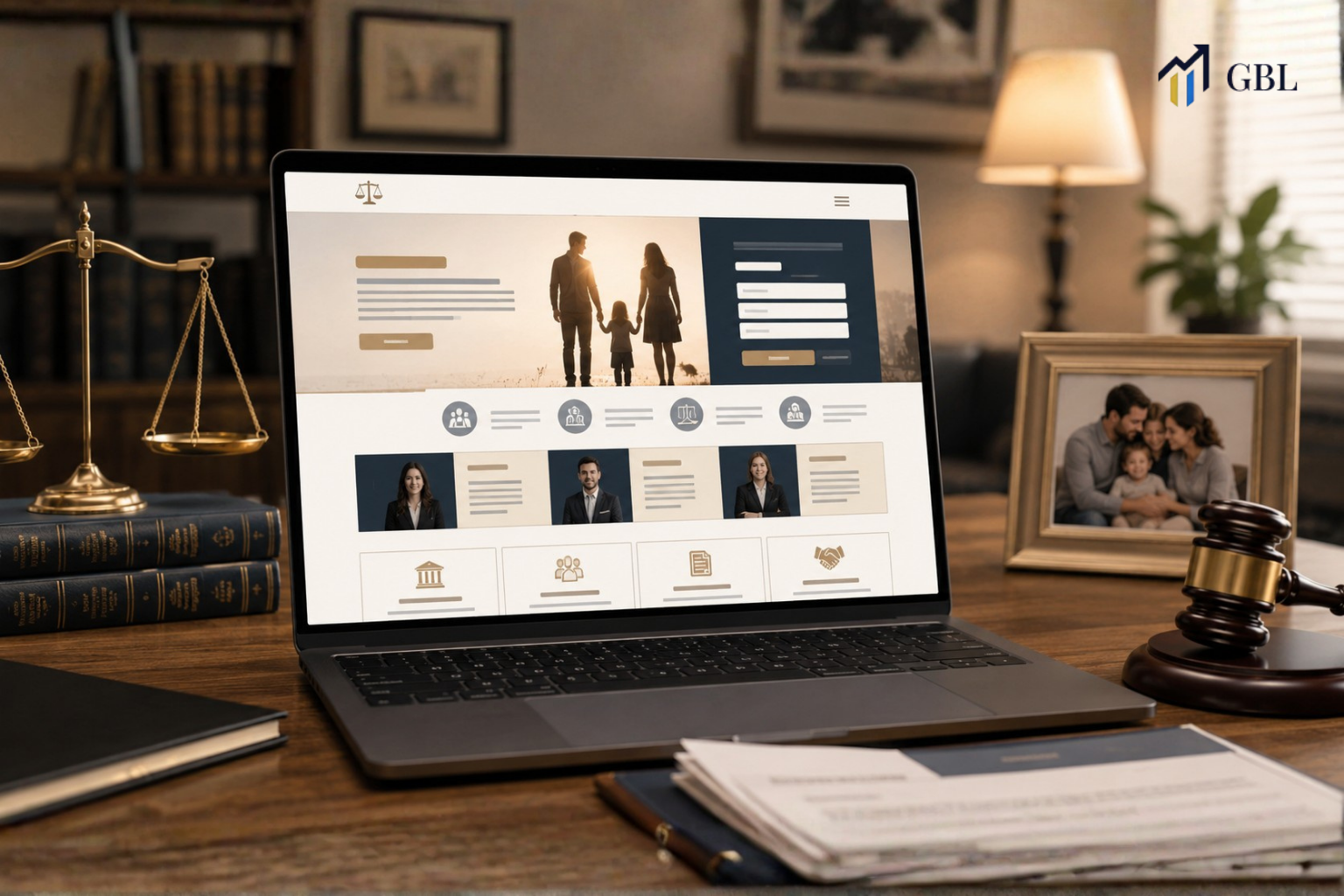 Laptop showing Family Law Lawyer Website Design with empathy-focused messaging, attorney profiles, trust signals, consultation forms, and family law service cards.