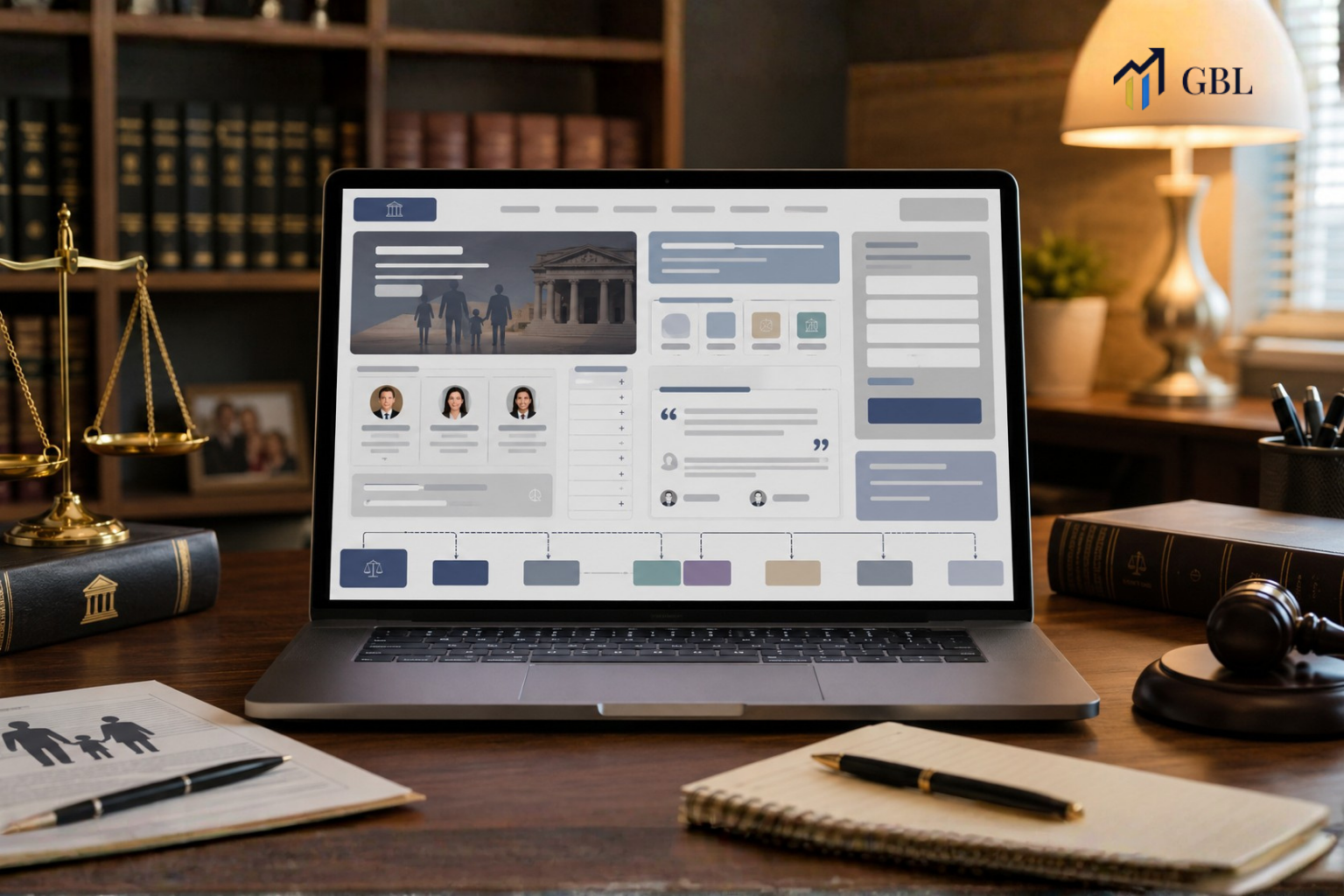 Laptop showing Website Design for Family Lawyers with structured practice area pages, trust signals, FAQs, internal links, and consultation form sections.