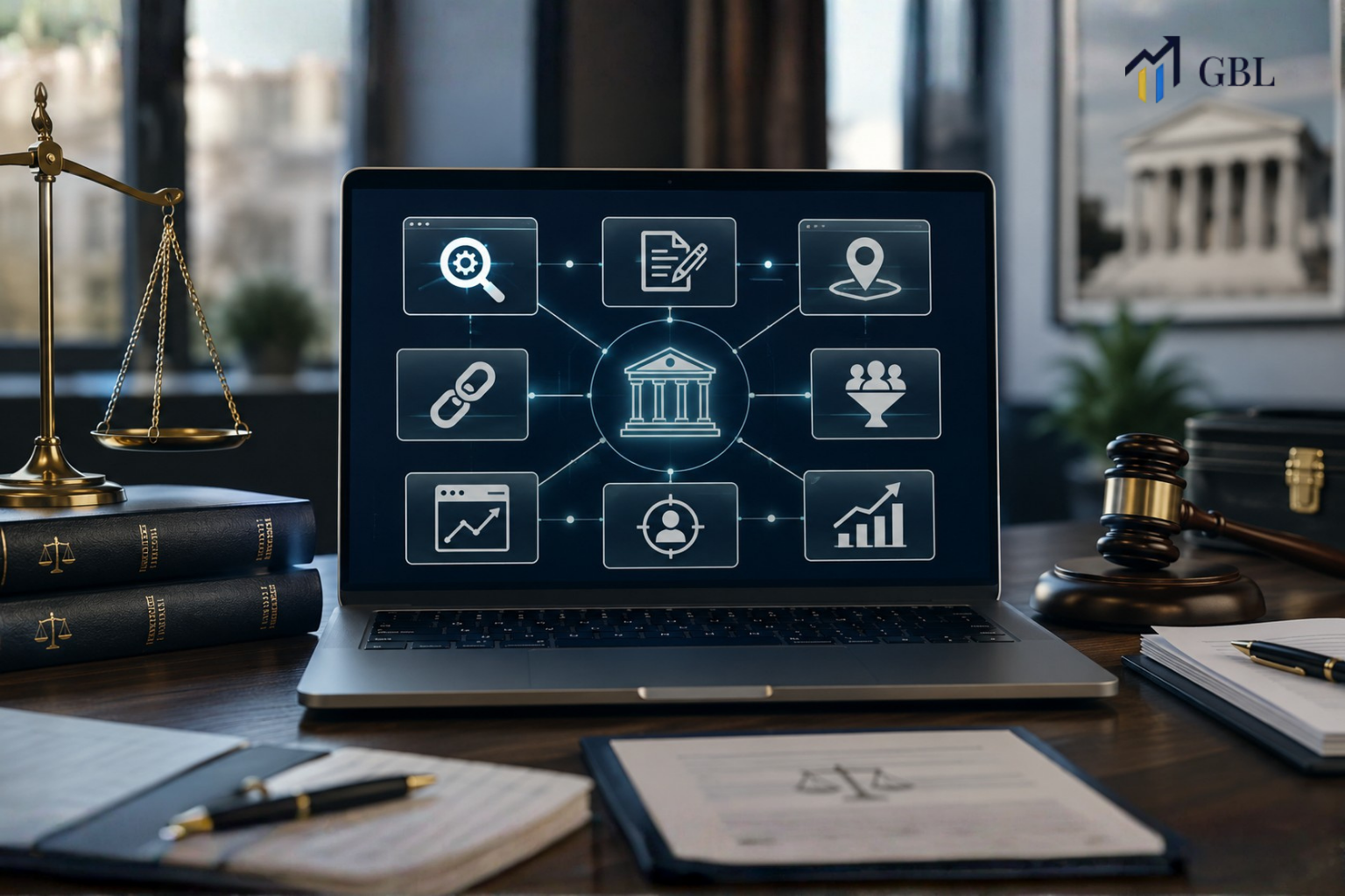 Laptop showing an attorney seo company framework with technical SEO, content clusters, local SEO, internal linking, conversion paths, and law firm growth signals.