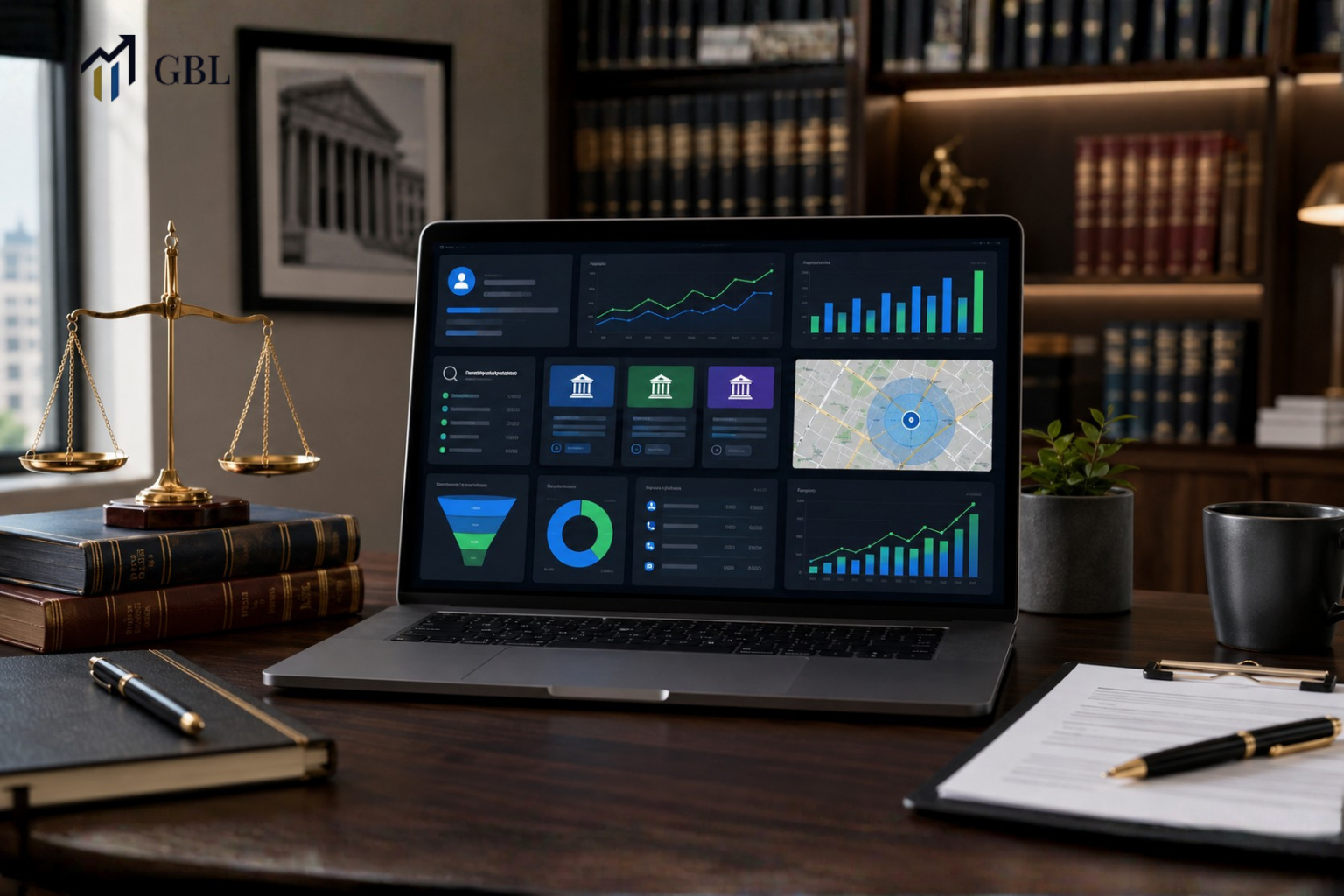 Laptop showing a Law Firm PPC Agency dashboard with keyword targeting, landing pages, local targeting, lead tracking, conversion rates, and ROI growth.