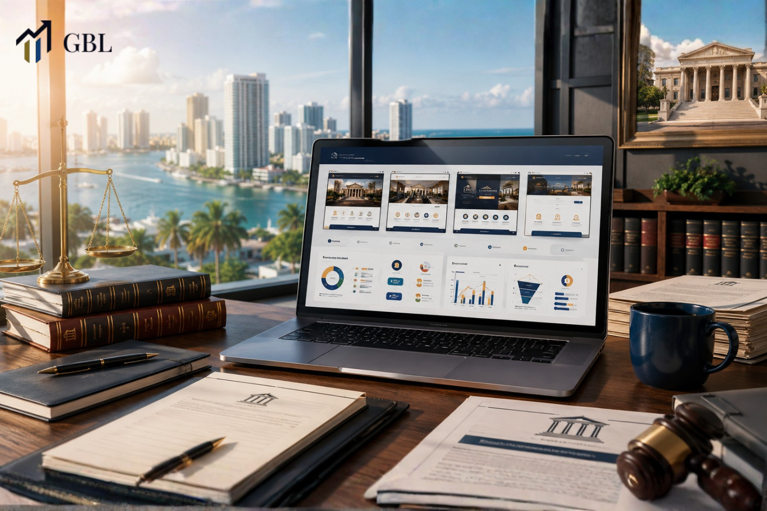 Laptop showing Fort Lauderdale Web Design Companies portfolio comparison with legal website layouts, SEO structure, mobile usability, trust signals, and conversion data.