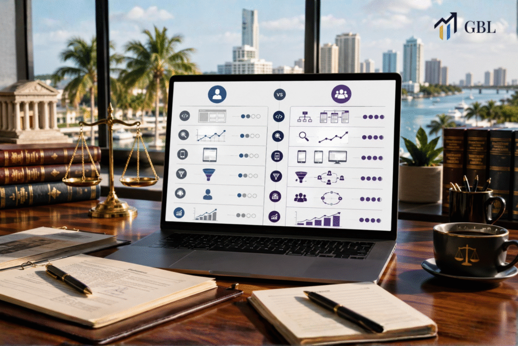 Laptop showing Web Designer in Fort Lauderdale freelancer vs agency comparison with SEO structure, mobile usability, legal experience, and conversion strategy.